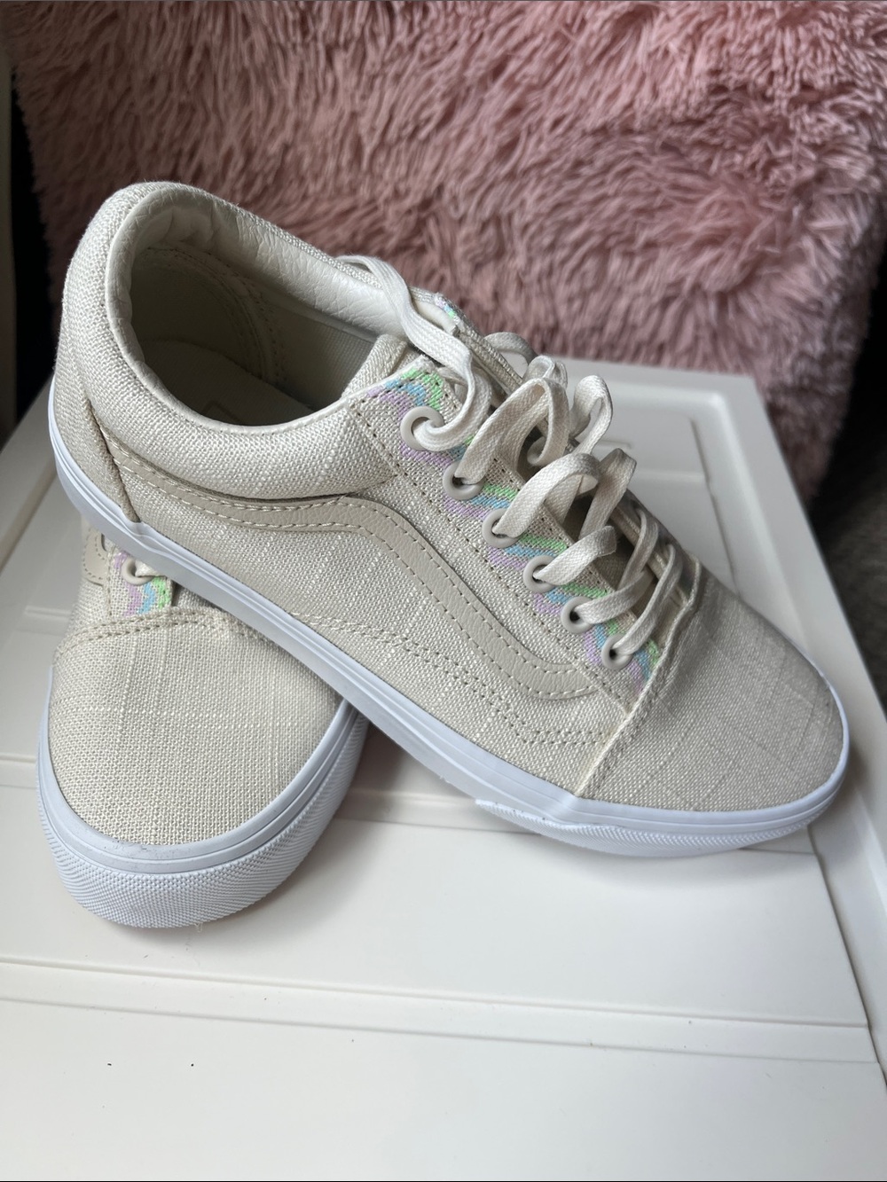 Vans Women’s Low-Top Canvas Sneakers in Cream with Iridescent Accents